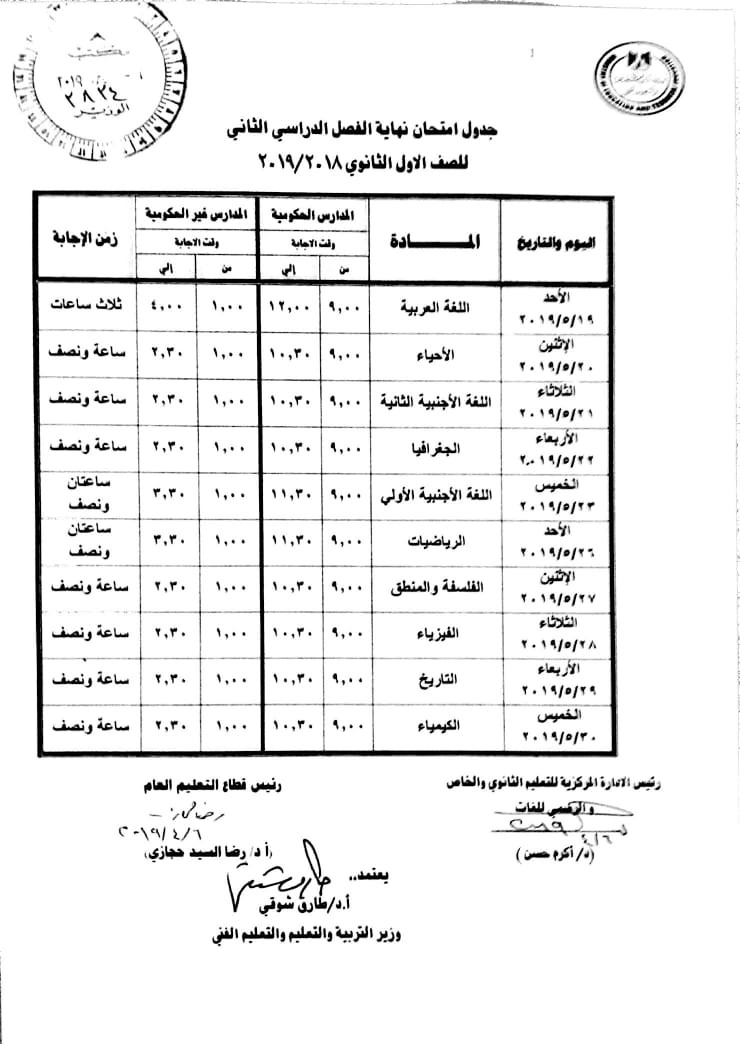 جدول امتحانات نهاية الفصل الدراسى الثانى لأولى ثانوى