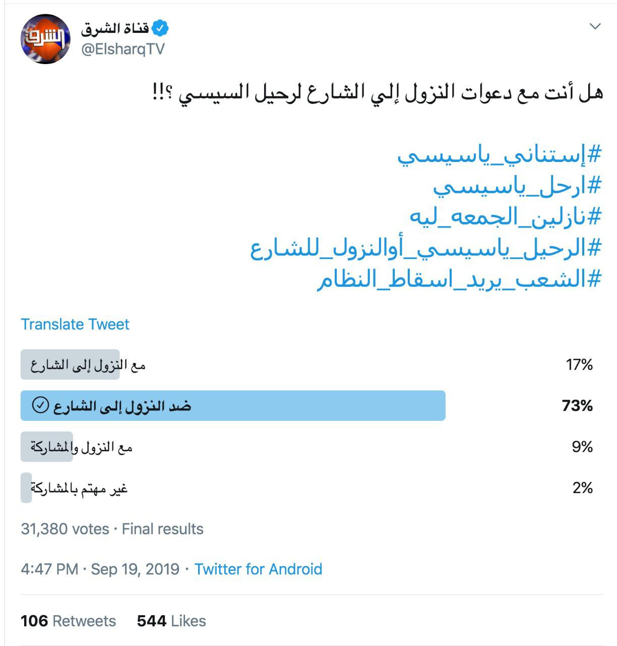 استفتاء قناة الشرق الإخوانية
