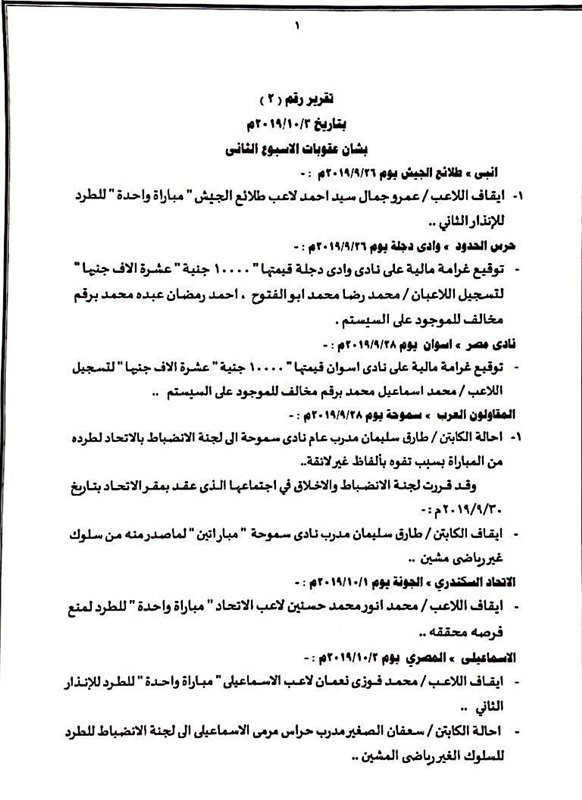 قرارات  إدارة المسابقات بالاتحاد المصرى لكرة القدم
