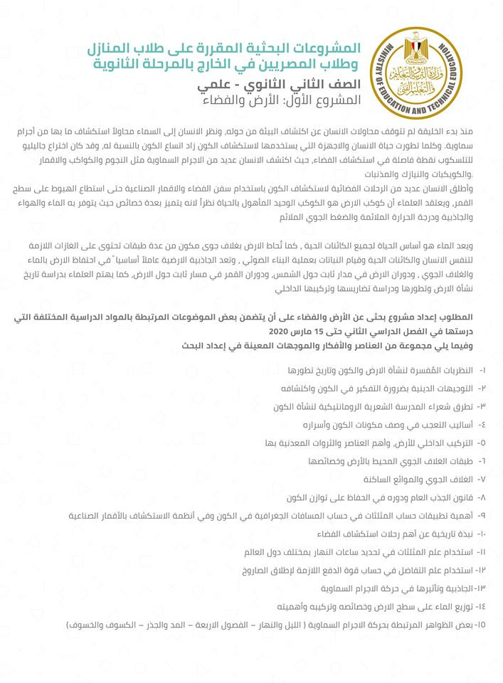 مشروعات البحث لطلاب أولى ثانوى المنازل وأبناؤنا فى الخارج