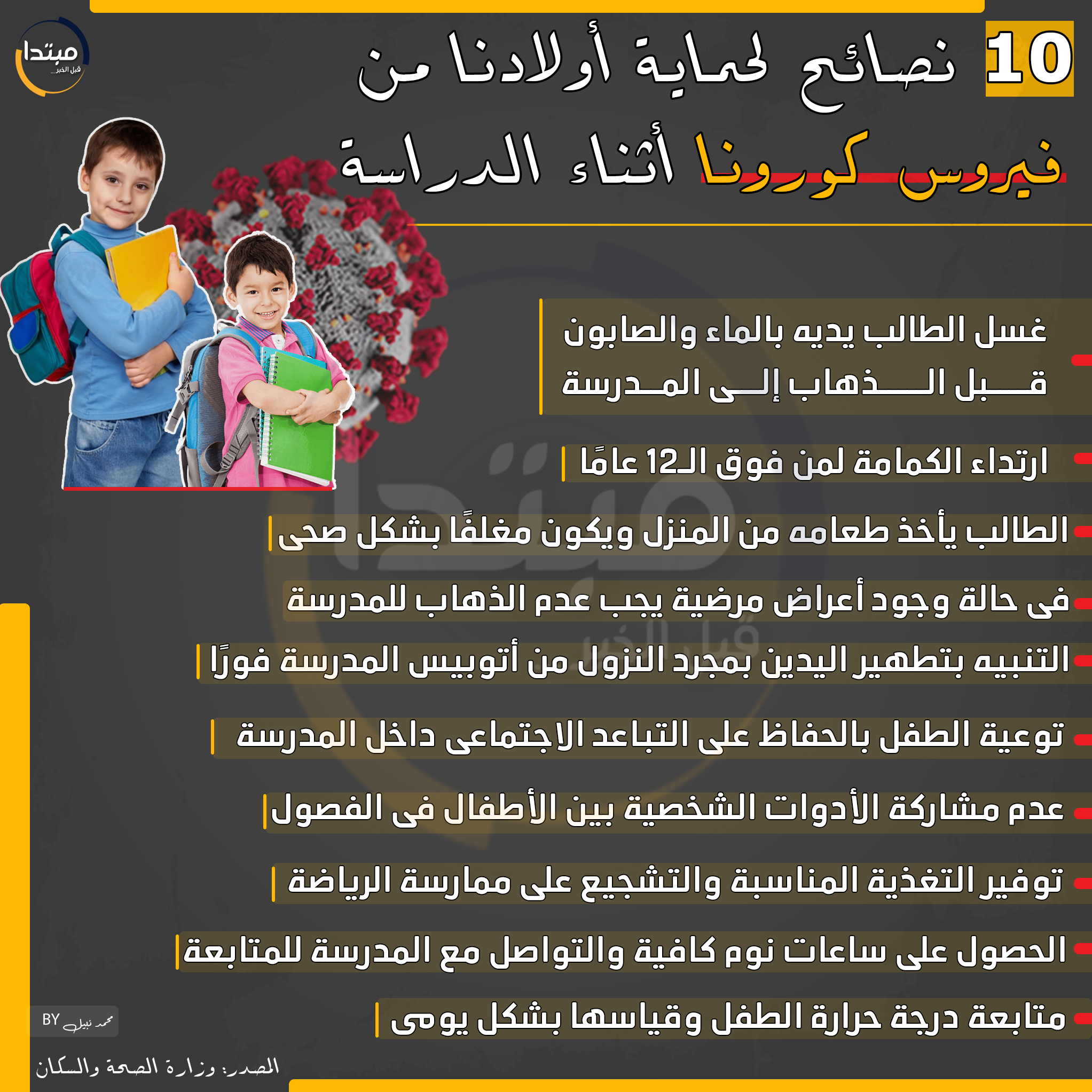 إنفوجراف.. 10 نصائح لحماية أولادنا من فيروس كورونا أثناء الدراسة