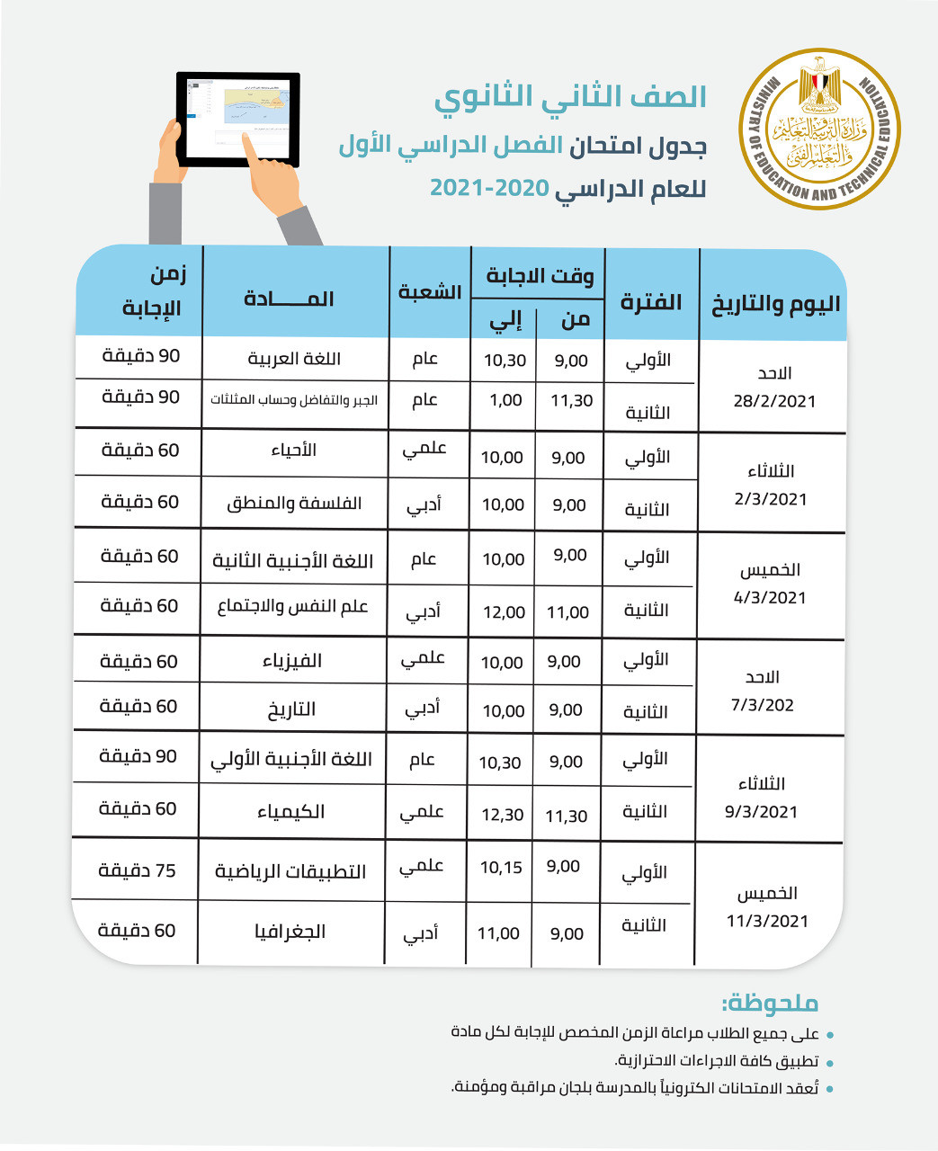 جدول امتحانات الفصل الدراسى الأول للصفوف الأول والثانى الثانوى