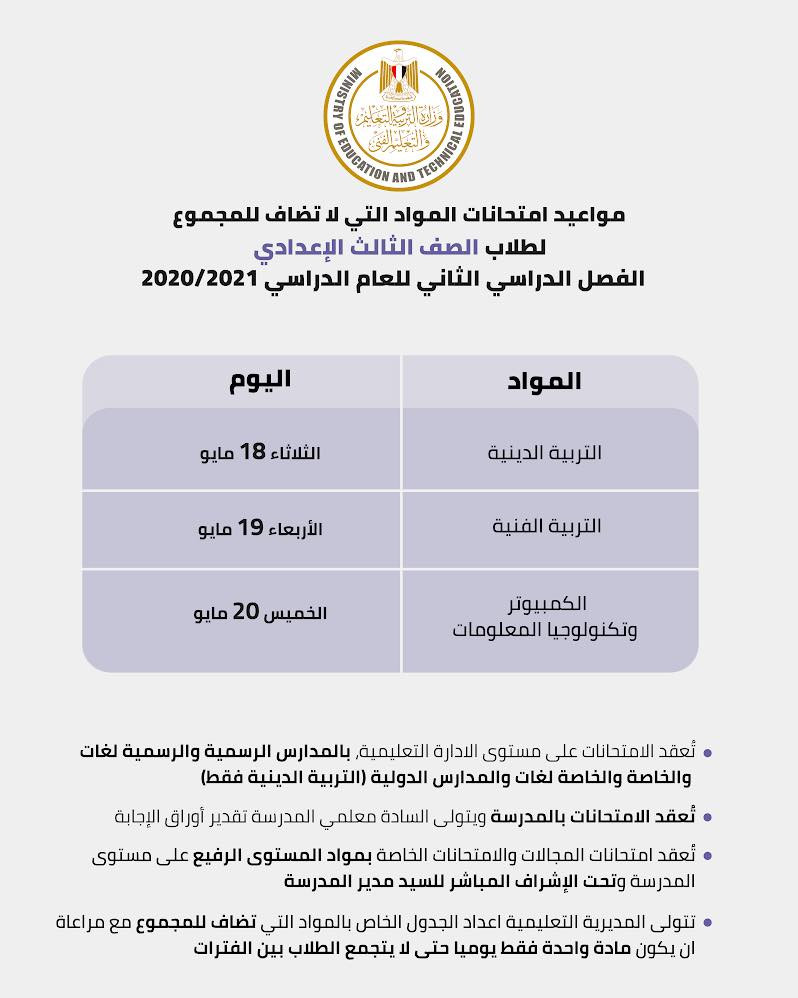 مواعيد امتحانات 3 إعدادى
