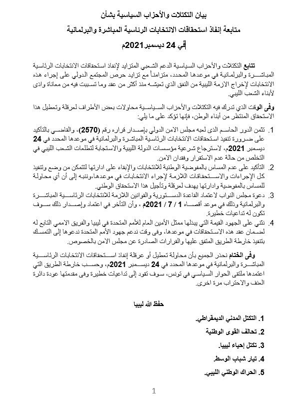 بيان التكتلات والأحزاب السياسية الليبية