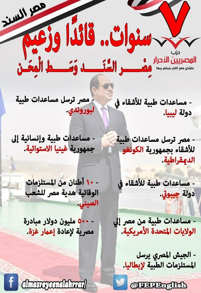 المصريين الأحرار ينشر نجاحات الدولة فى 7 سنوات بقيادة السيسى