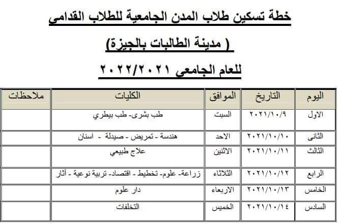 جداول تسكين الطلاب بالمدن الجامعية