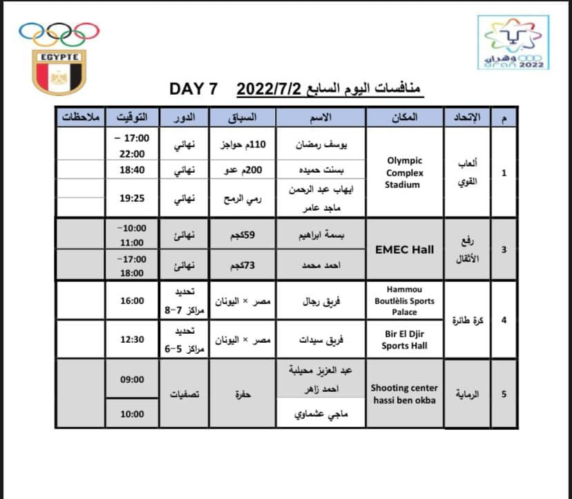 جدول منافسات مصر اليوم السبت فى دورة ألعاب البحر المتوسط