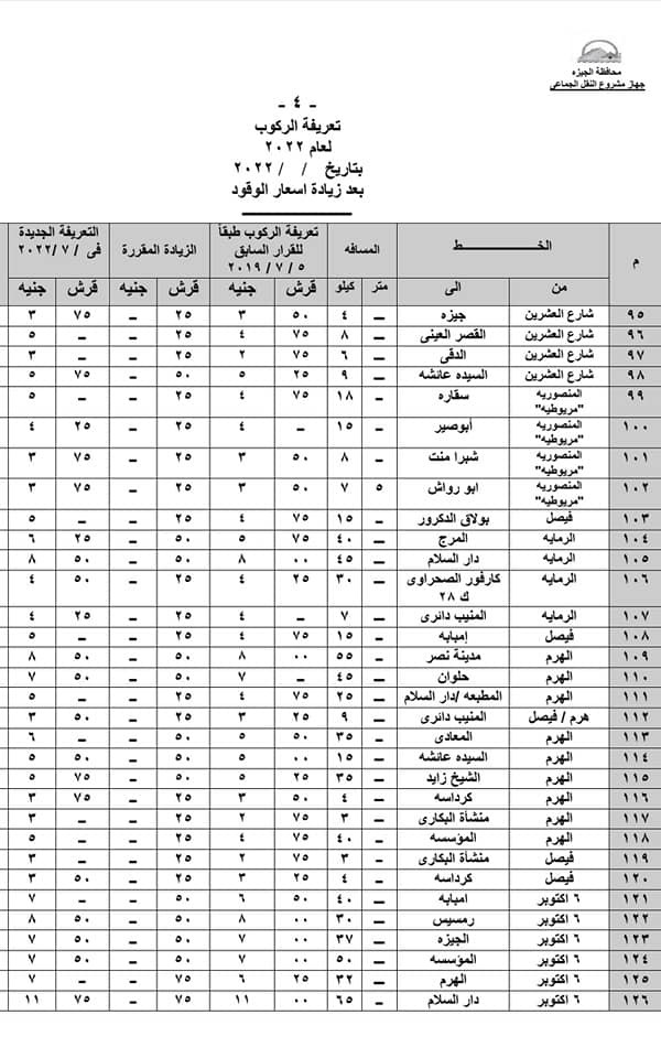 تعريفة الركوب فى الجيزة