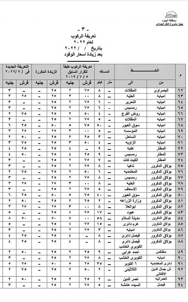 تعريفة الركوب فى الجيزة