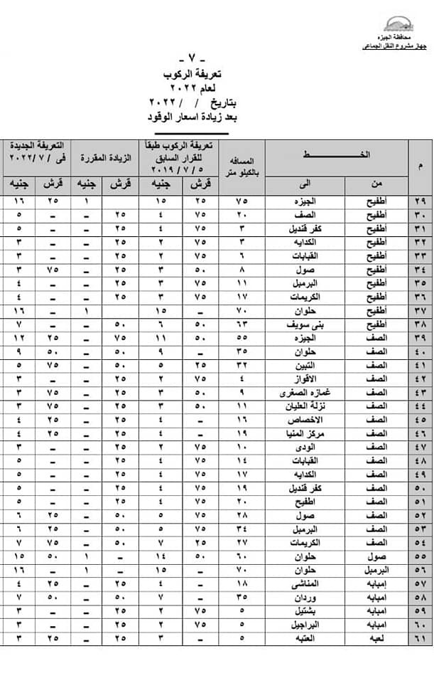 تعريفة الركوب فى الجيزة