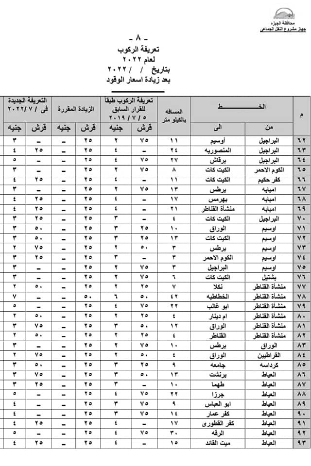 تعريفة الركوب فى الجيزة