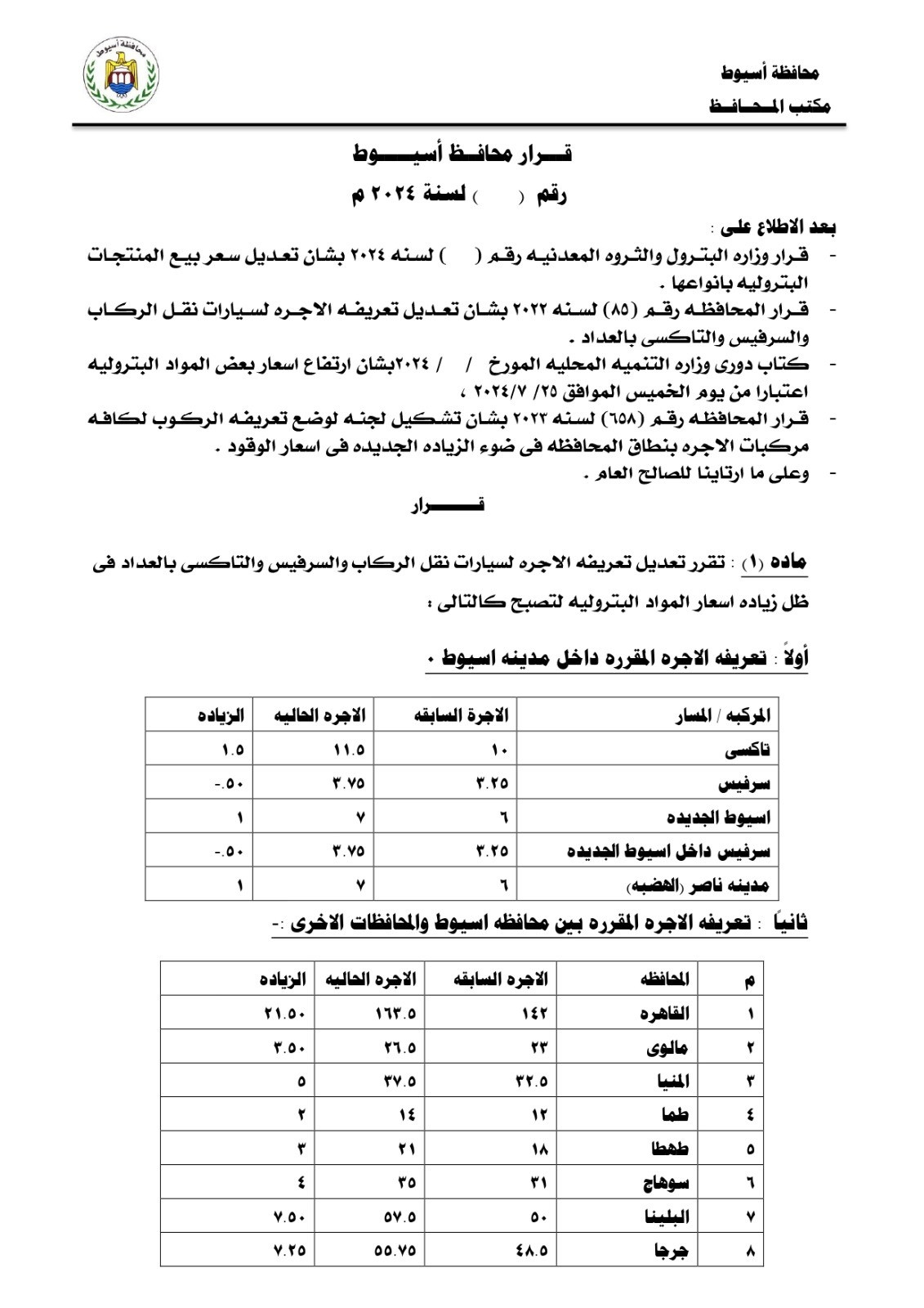 تعريفة المواصلات في أسيوط تعريفة المواصلات في أسيوط