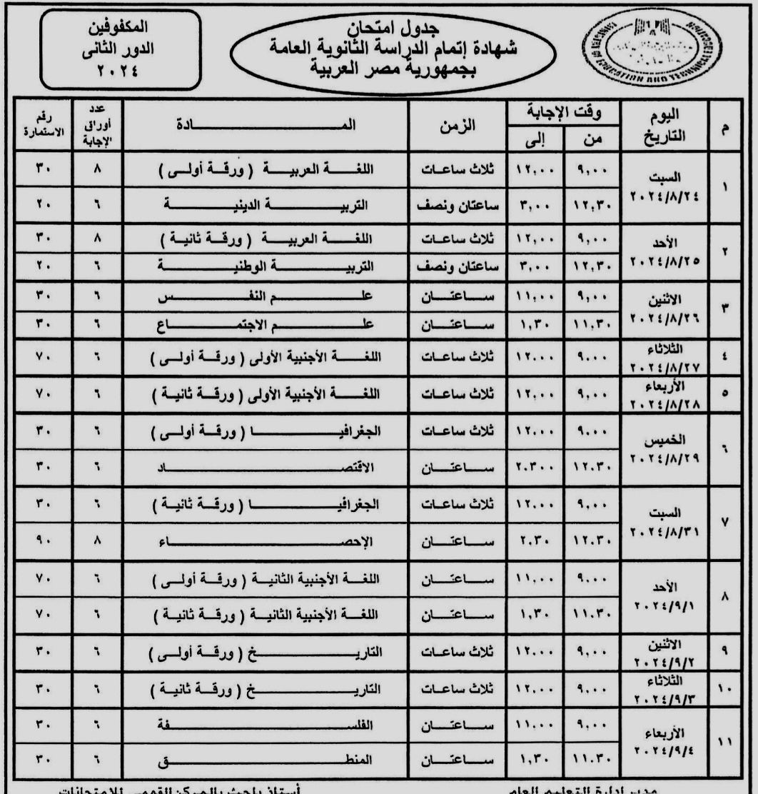 تبدأ يوم 24 اغسطس.. جداول امتحانات الدور الثاني للثانوية العامة