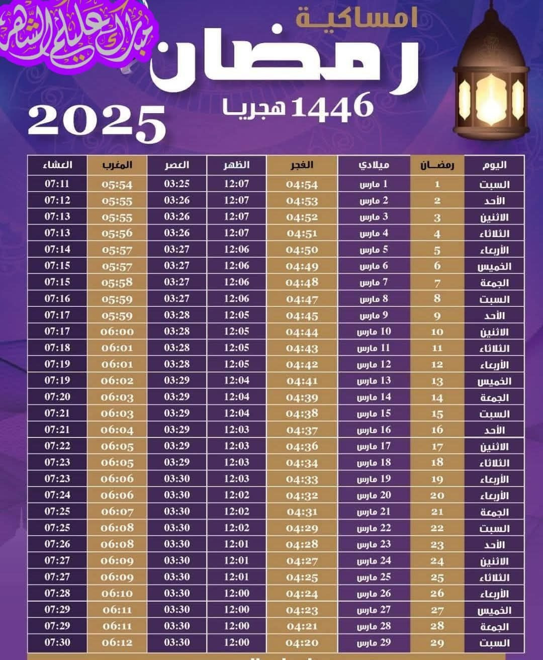 إمساكية رمضان 2025