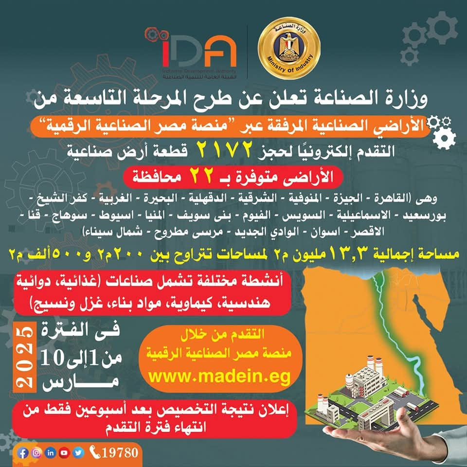 التفاصيل والخطوات.. فتح باب التقدم  للطرح التاسع للأراضي الصناعية