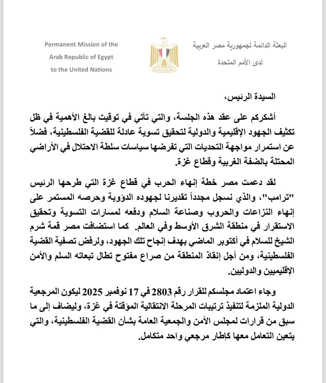 نص بيان مصر أمام مجلس الأمن