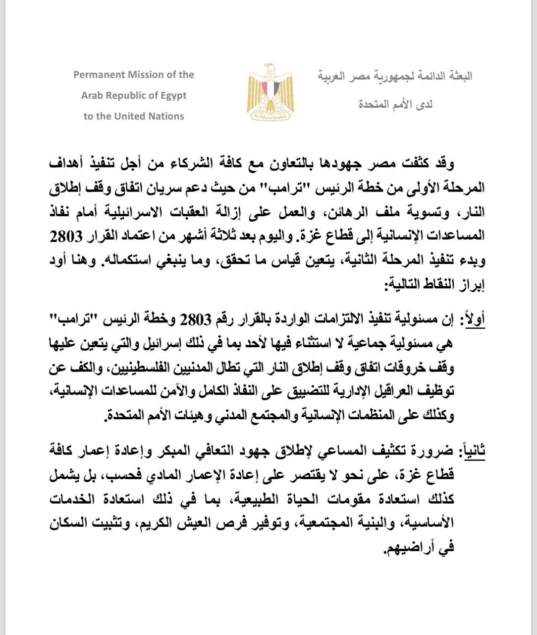 نص بيان مصر أمام مجلس الأمن